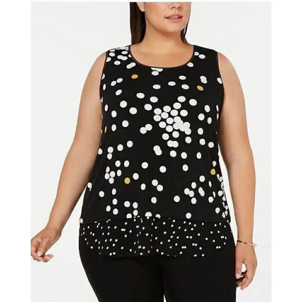 Alfani Black White Polka Dot Contrast Chiffon Hem Blouse Tank Top-SIZE LARGE